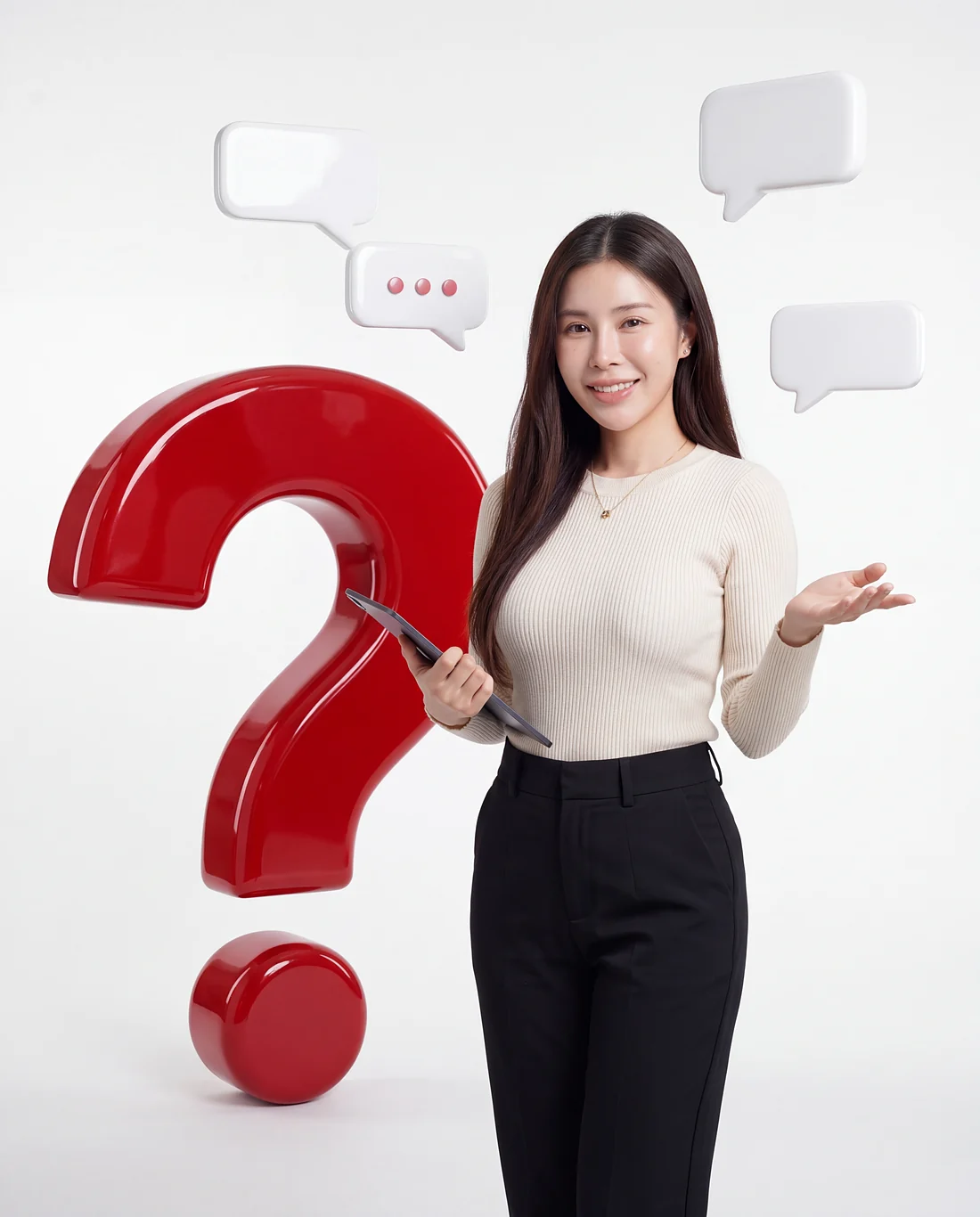 ที่ปรึกษาการเรียน AI ของ ZenityX ถือแท็บเล็ต ยิ้มตอบคำถาม ข้างเครื่องหมายคำถามสีแดงขนาดใหญ่