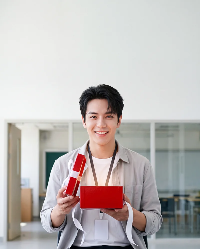 นักเรียนเก่ายิ้มถือกล่องของขวัญสีแดงที่เปิดอยู่