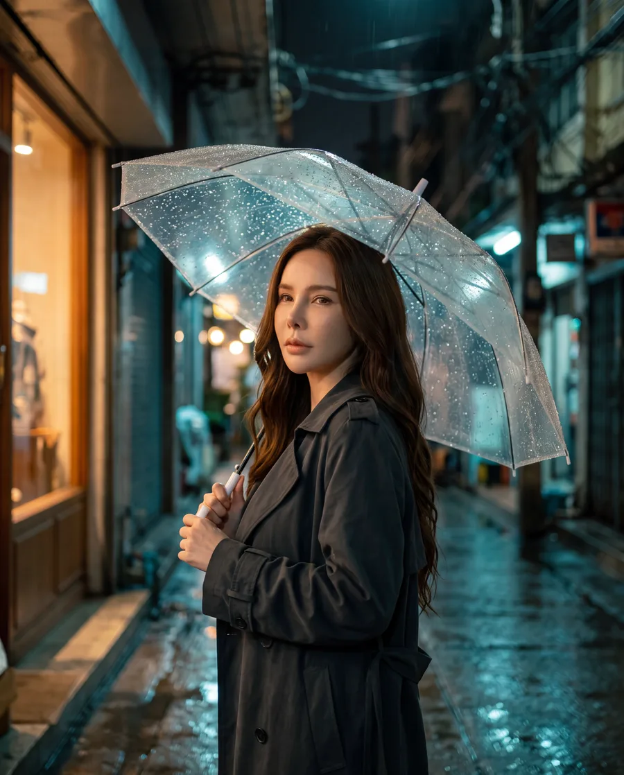 ผลงาน AI — ฉากภาพยนตร์ หญิงสาวกางร่มในซอยยามค่ำ