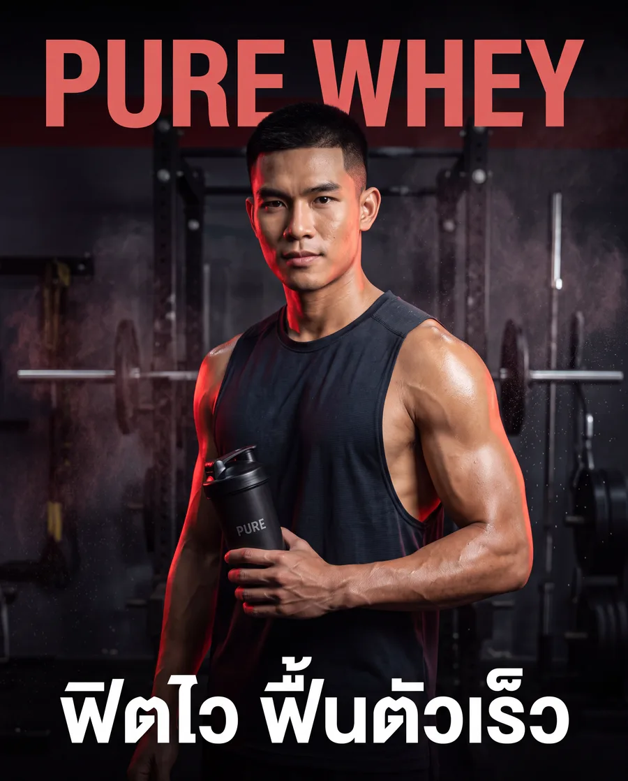 ผลงาน AI — โปสเตอร์เวย์โปรตีน PURE WHEY