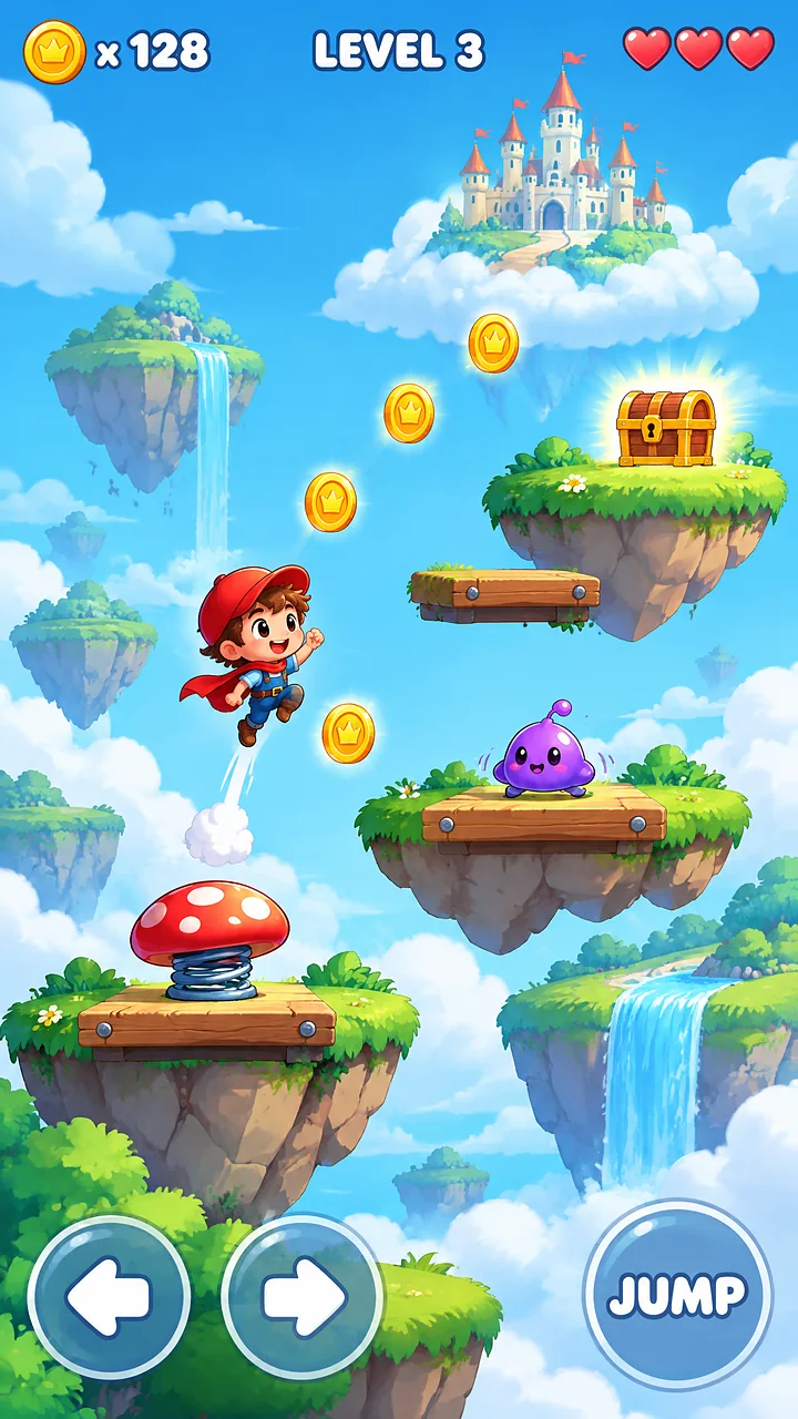 ภาพจำลองหน้าจอเกม: เกมกระโดดผจญภัย แบบเกมในฝันวัยเด็ก