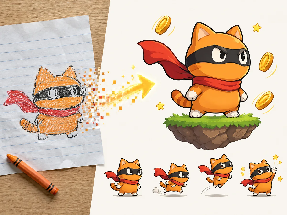 ภาพตัวอย่างสร้างด้วย AI: ตัวละครที่วาดเล่นบนกระดาษ กลายเป็นตัวละครเกมครบทุกท่า